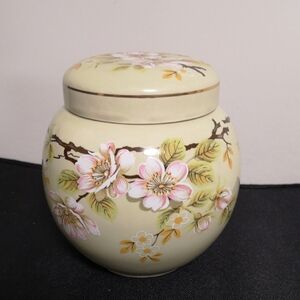 Vintage Sadler England Ceramic Ginger Jar Green with Pink Blossoms & Foliage